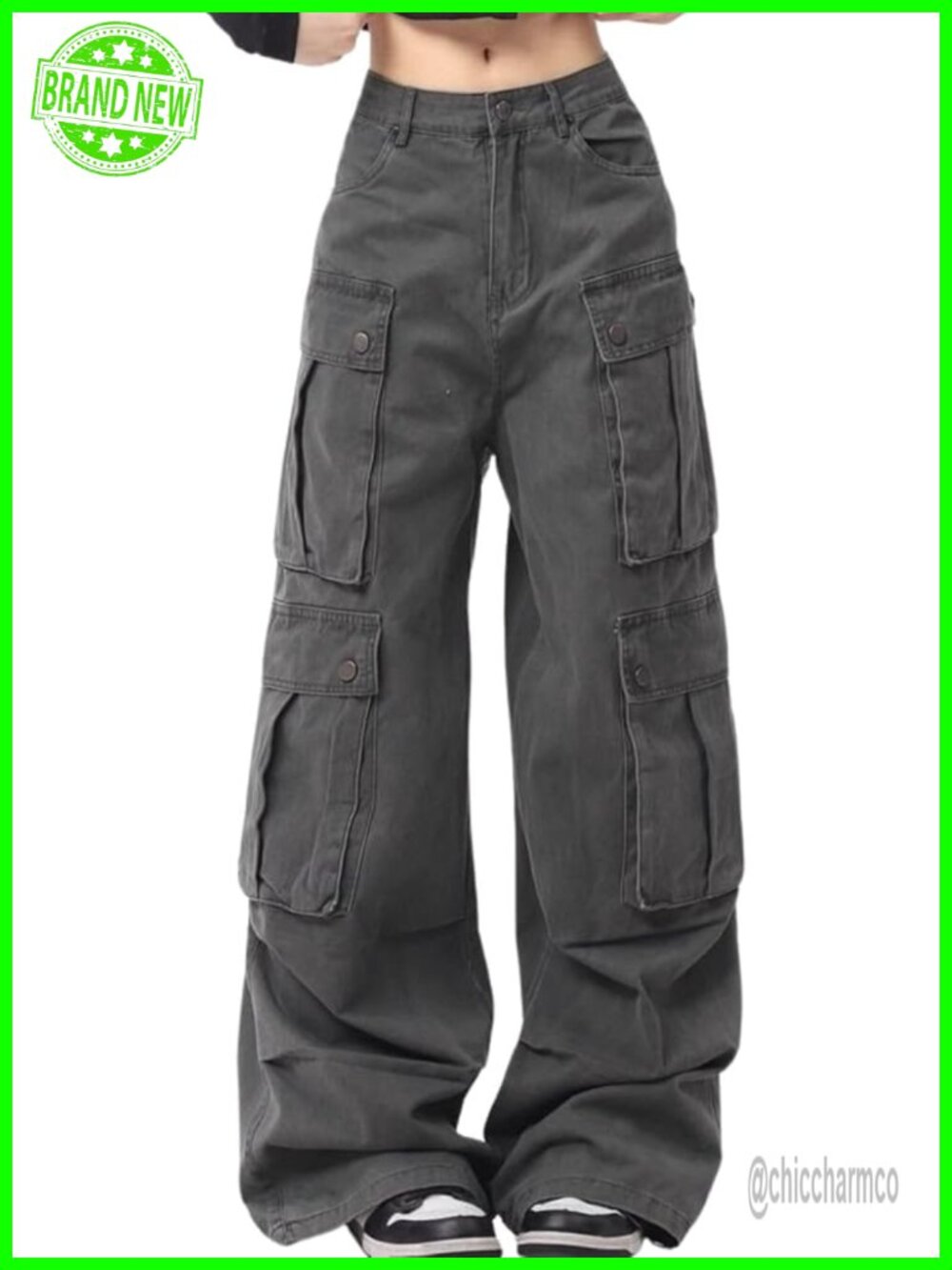Baggy Cargo Pants High Waisted Y2K Hip Hop Straight Leg Grunge with Pockets